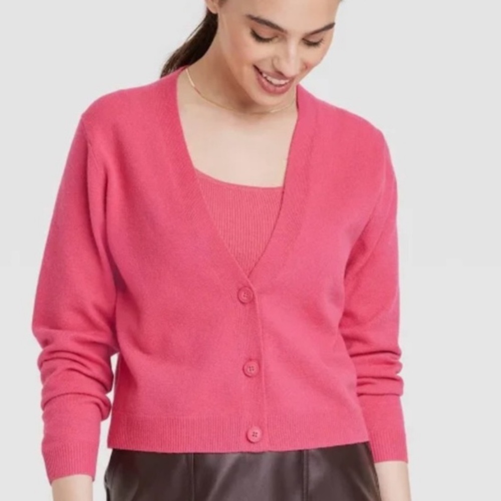 NWT Soft Hot Pink V Neck Button Front Cardigan by A New Day Size XS